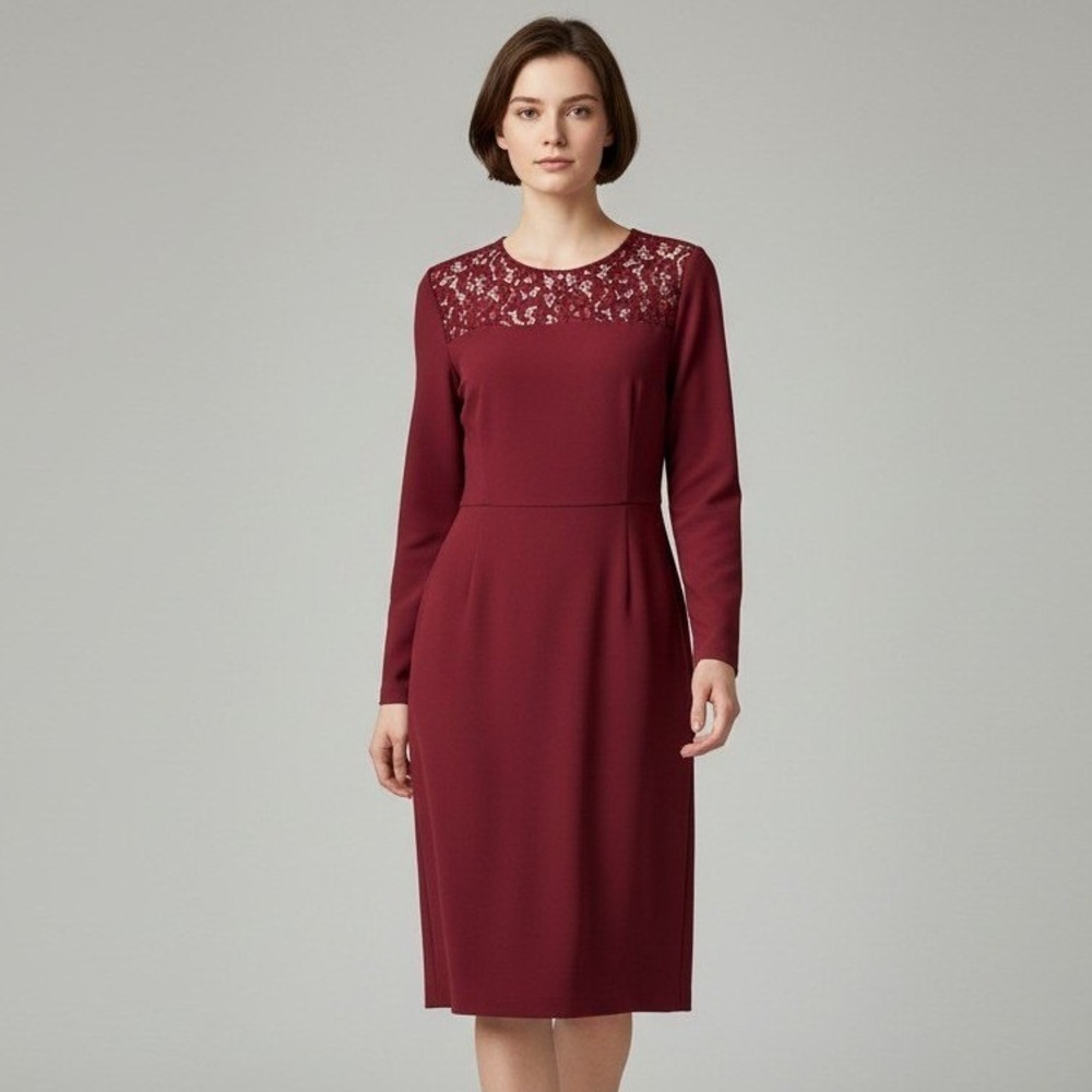 TRINA TURK Sebastian Lace Yoke Dress XL Burgundy Midi Wedding Guest Professional